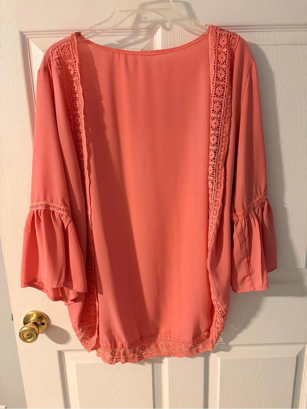 Coral Lace-Trim Bell Sleeve Tunic
